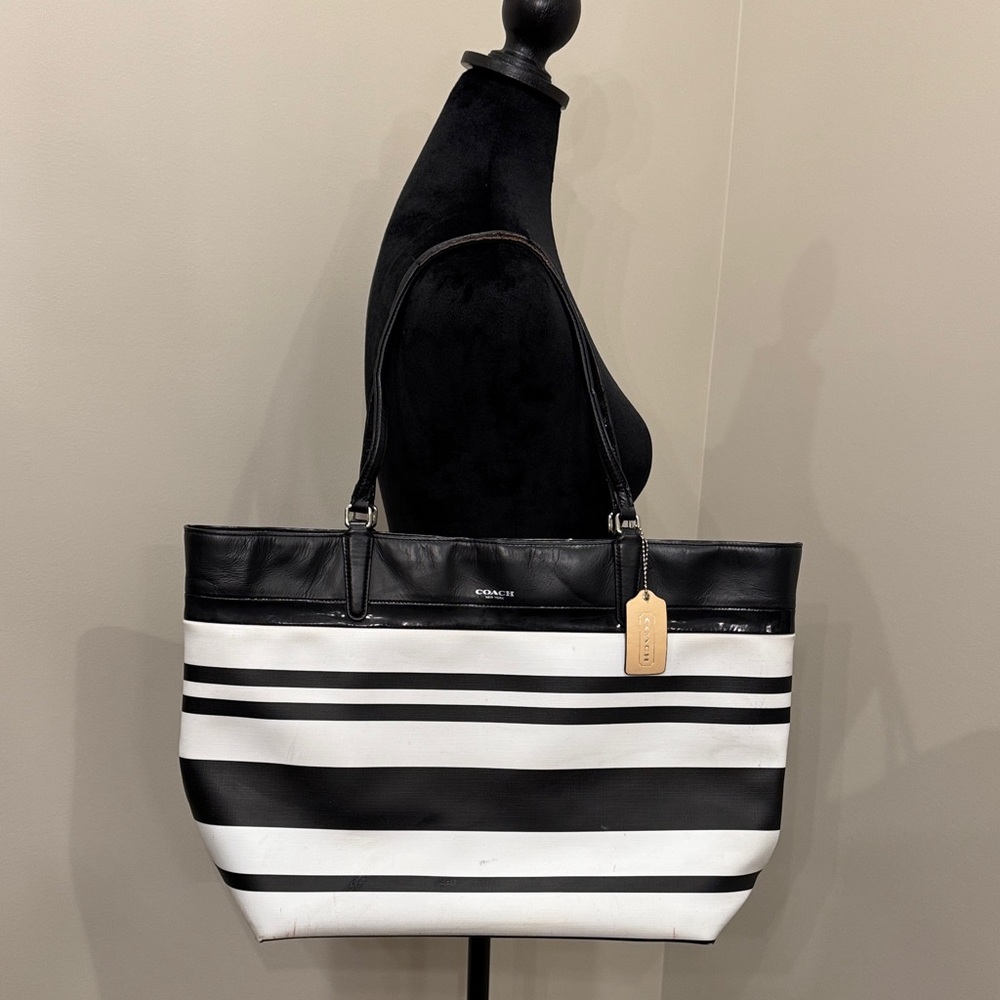 Coach Black and White Striped Large Tote Bag